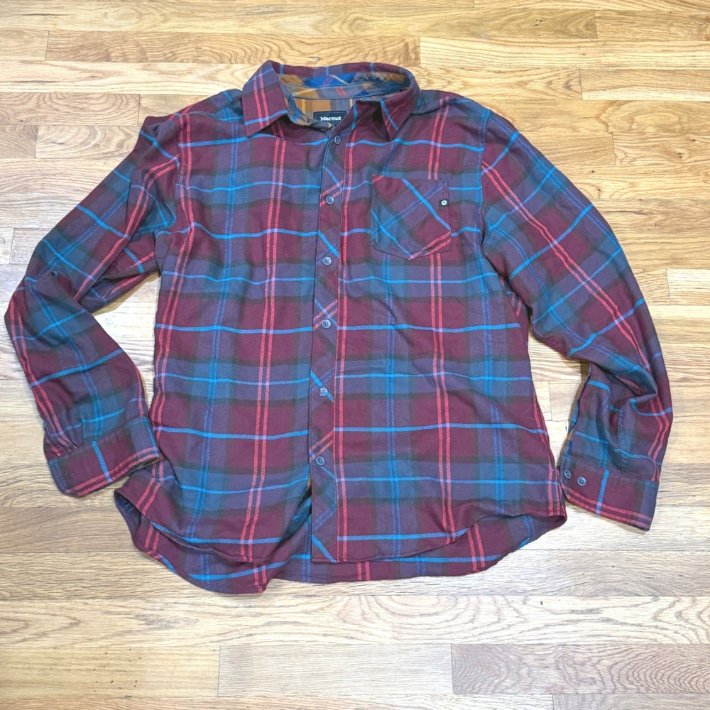 Marmot Mens XL Plaid Flannel Long Sleeve Button Down Shirt Burgundy Blue